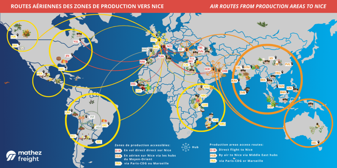 Carte des routes aériennes et routes pour les ingrédients arômes et cosmétique du monde entier sur Nice